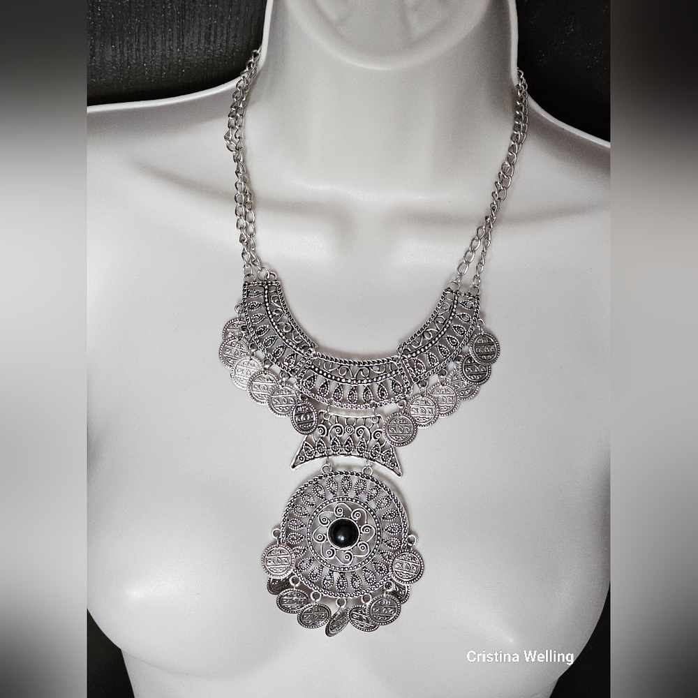 Boho Gypsy Double Chain Coin Statement Necklace - Picture 6 of 6